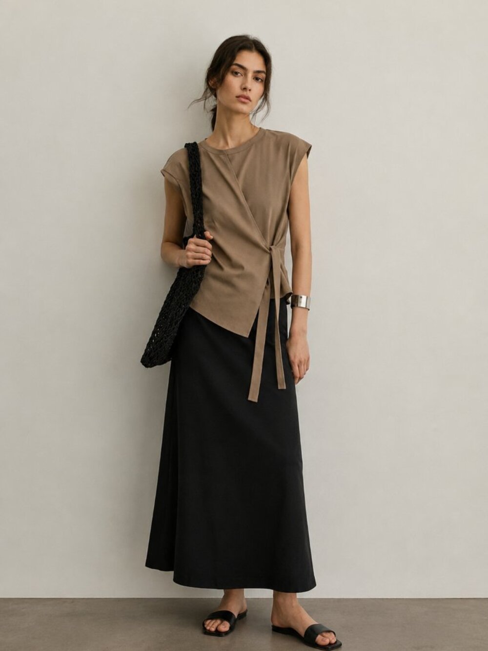 Unique Side Tie Top Asymmetrical Wrap Style Tee Taupe Size Small